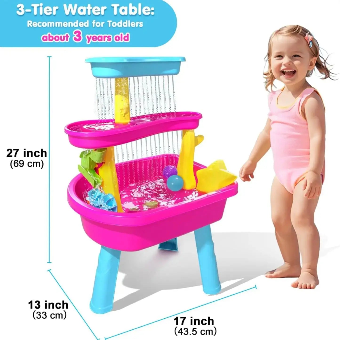 VATOS 3-Tier Sand Water Table 37pcs Splash Pond Toys Set Outdoor Activity Sensory Water Play Table Summer Toys For Kids Girls