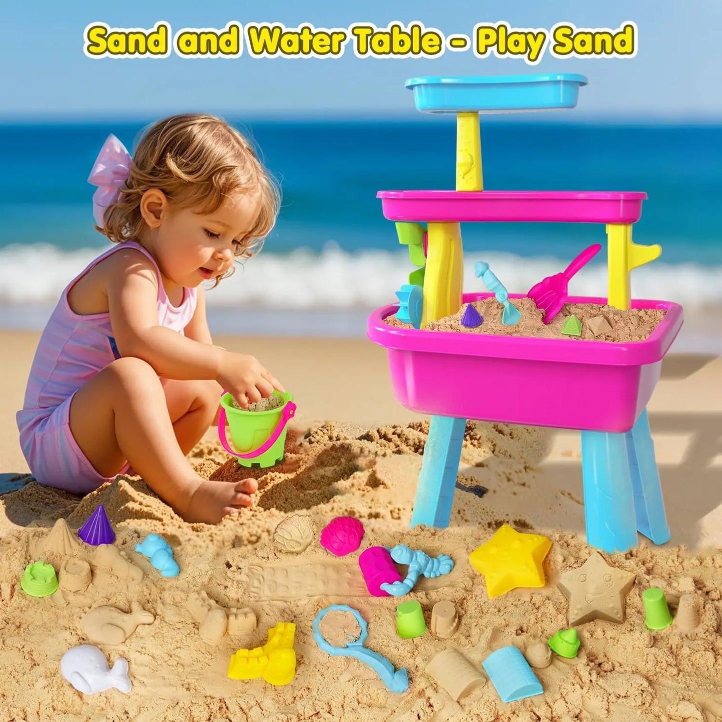 VATOS 3-Tier Sand Water Table 37pcs Splash Pond Toys Set Outdoor Activity Sensory Water Play Table Summer Toys For Kids Girls