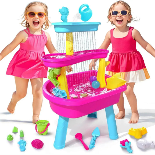 VATOS 3-Tier Sand Water Table 37pcs Splash Pond Toys Set Outdoor Activity Sensory Water Play Table Summer Toys For Kids Girls