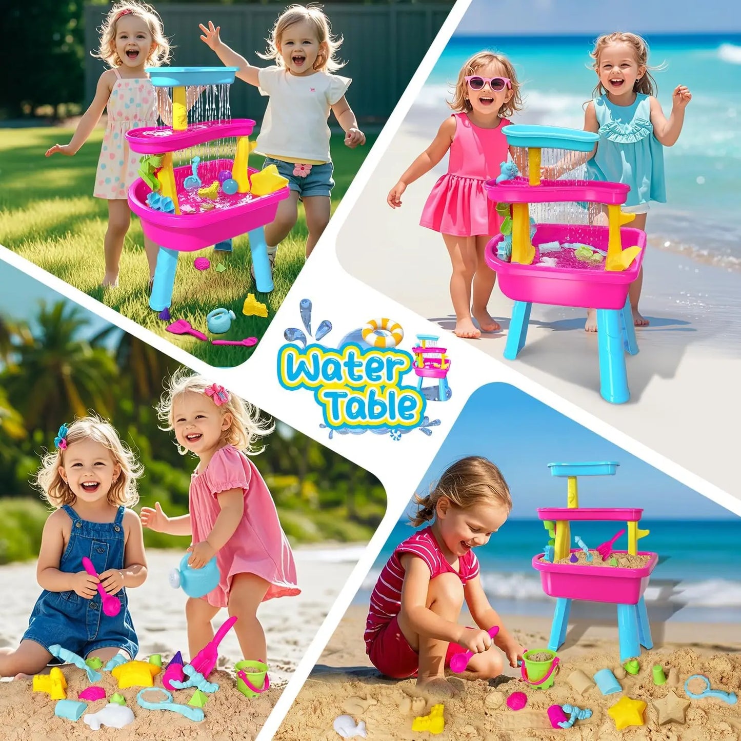 VATOS 3-Tier Sand Water Table 37pcs Splash Pond Toys Set Outdoor Activity Sensory Water Play Table Summer Toys For Kids Girls