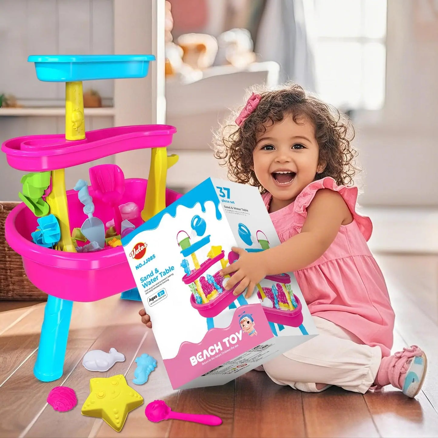 VATOS 3-Tier Sand Water Table 37pcs Splash Pond Toys Set Outdoor Activity Sensory Water Play Table Summer Toys For Kids Girls