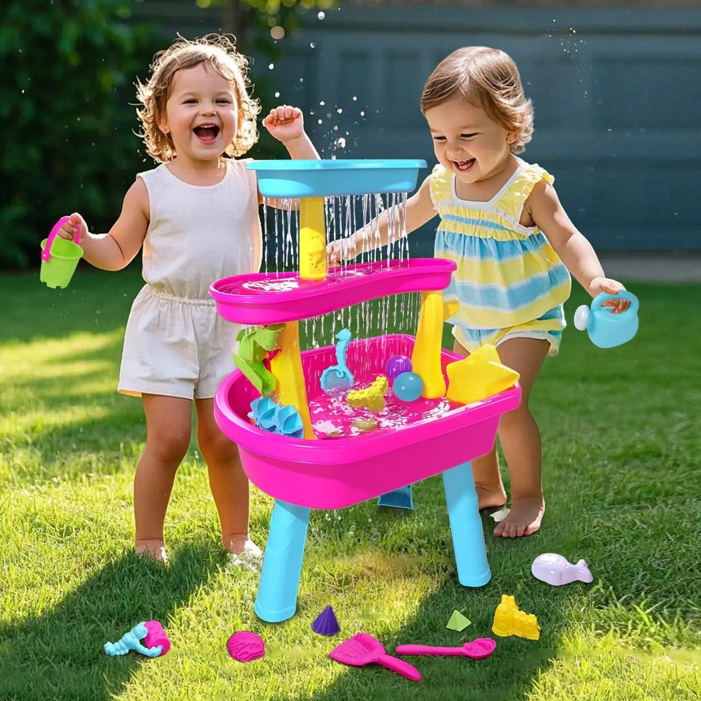 VATOS 3-Tier Sand Water Table 37pcs Splash Pond Toys Set Outdoor Activity Sensory Water Play Table Summer Toys For Kids Girls